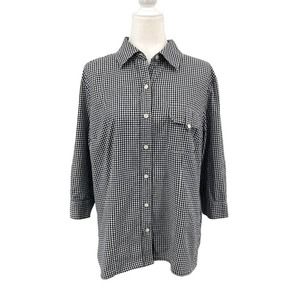 Karen Scott Black and White Gingham 3/4 Sleeve Button Front Collared Top